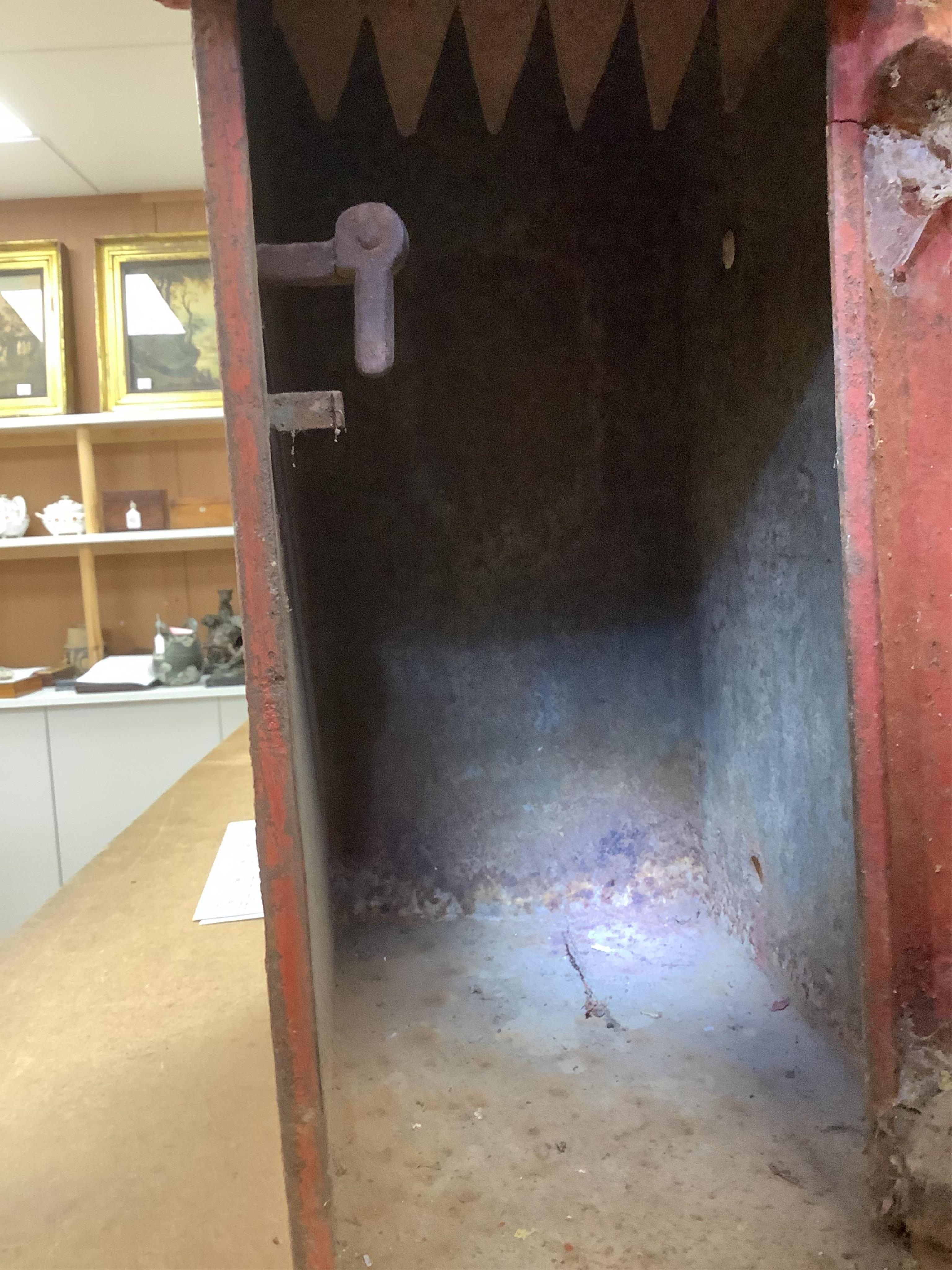 A Handyside & Co. George V red painted iron domed topped wall/post mounting post box, height 50.cm high x 19cm wide